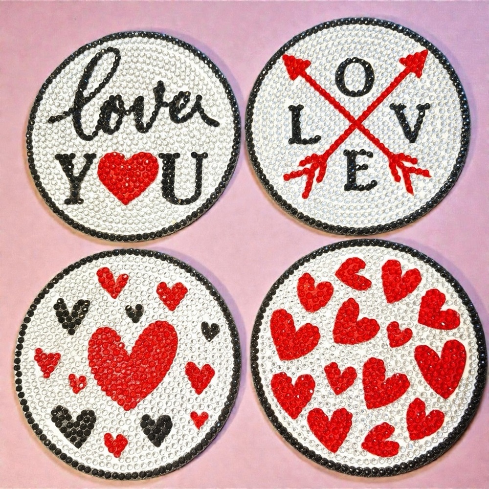 Colorful Valentine Coasters Set of 4 w/Holder Hand Crafted Diamond Art